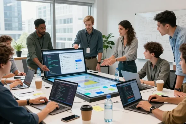 Team collaborating to build internal tools with AI in a modern office.