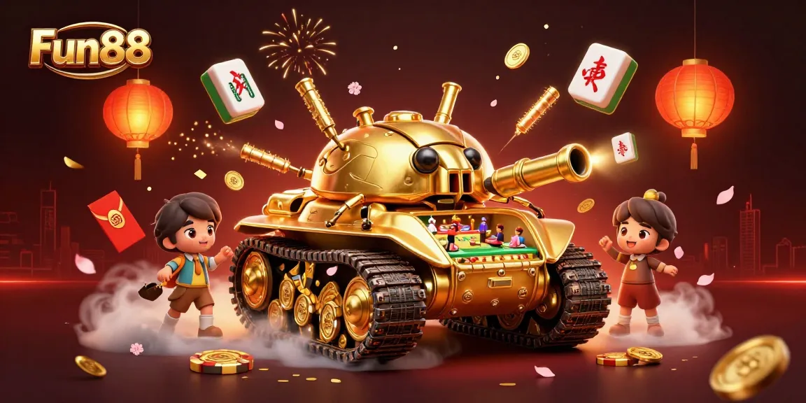 Fun88 reveals an exciting casino adventure inside a golden beetle tank, filled with vibrant game elements.