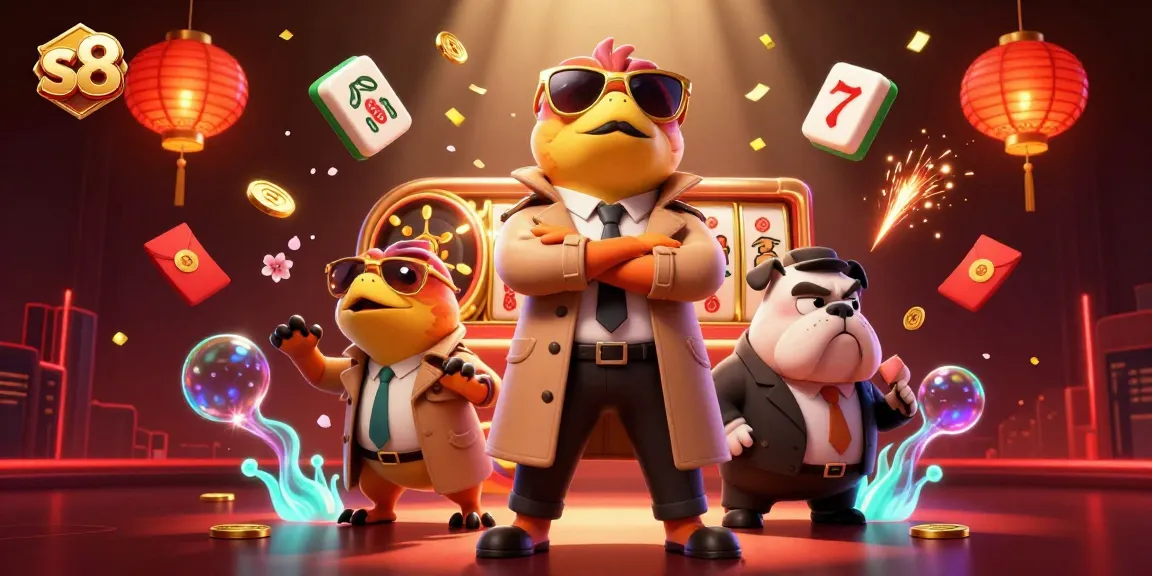 S8 players enjoy thrilling slot games in a vibrant casino atmosphere with dynamic characters and festive elements.