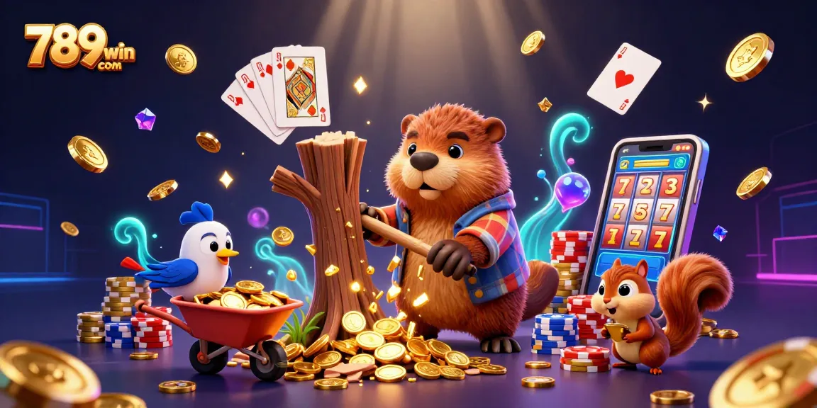 Experience the excitement of 789win com as a beaver chops a coin tree, surrounded by vibrant casino elements.