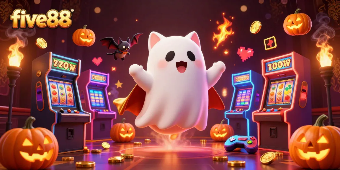 Explore exciting games at five88 with a friendly ghost cat and vibrant casino elements!