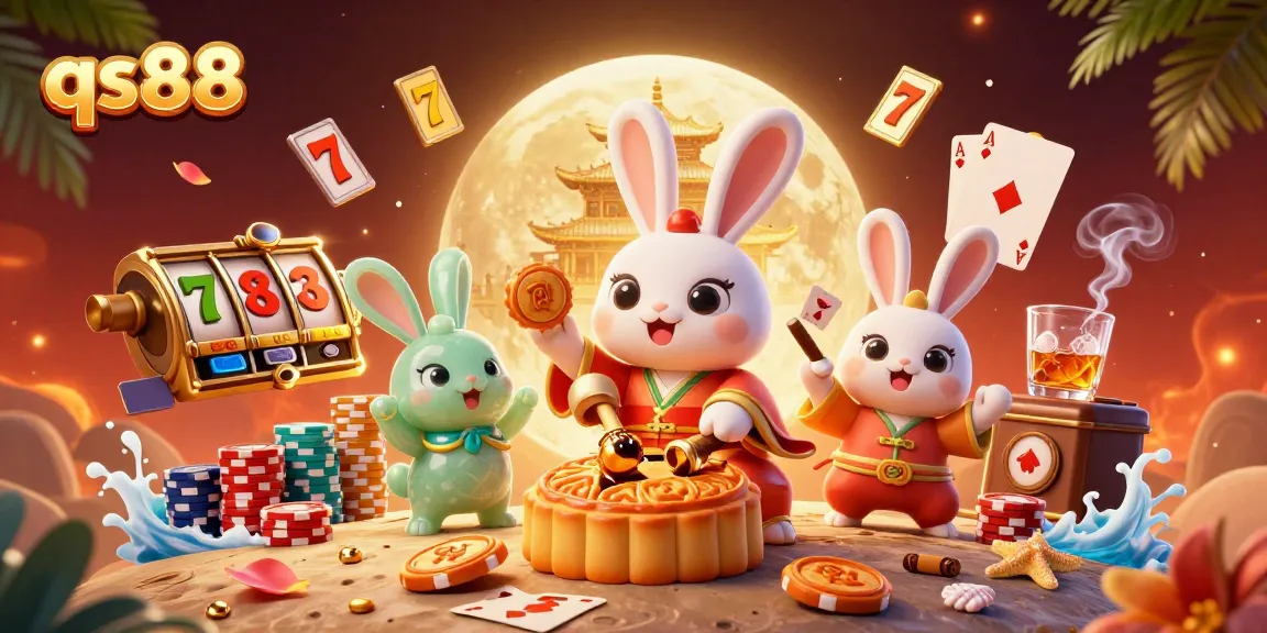 Engage with qs88's exciting casino world featuring playful moon rabbits and vibrant gaming elements.