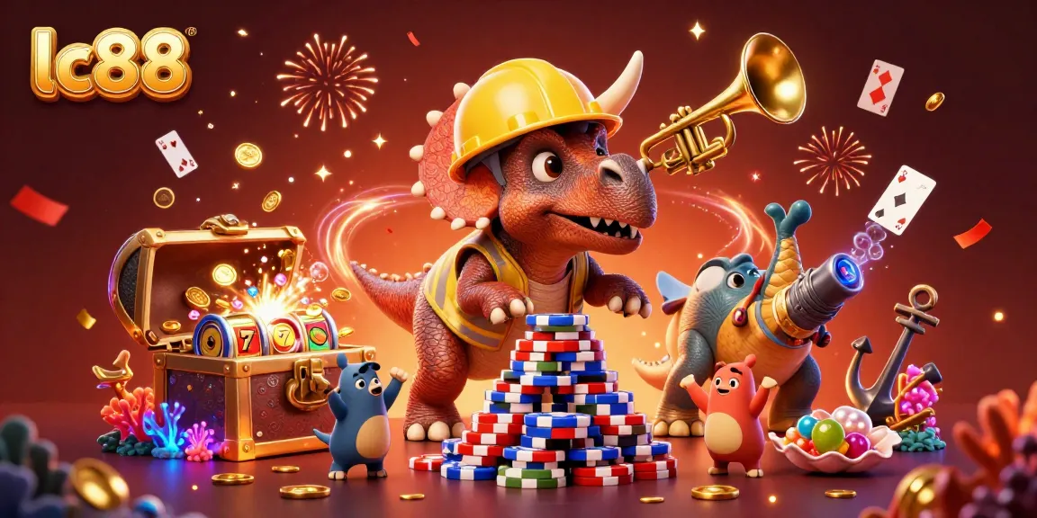 Engage in the thrill of lc88 casino gaming with a vivid 3D illustration of a triceratops building poker chips!
