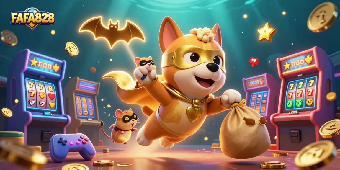 FAFA828 showcases a fun 3D digital scene with a superhero dog and hamster celebrating with gold coins amidst vibrant casino elements.