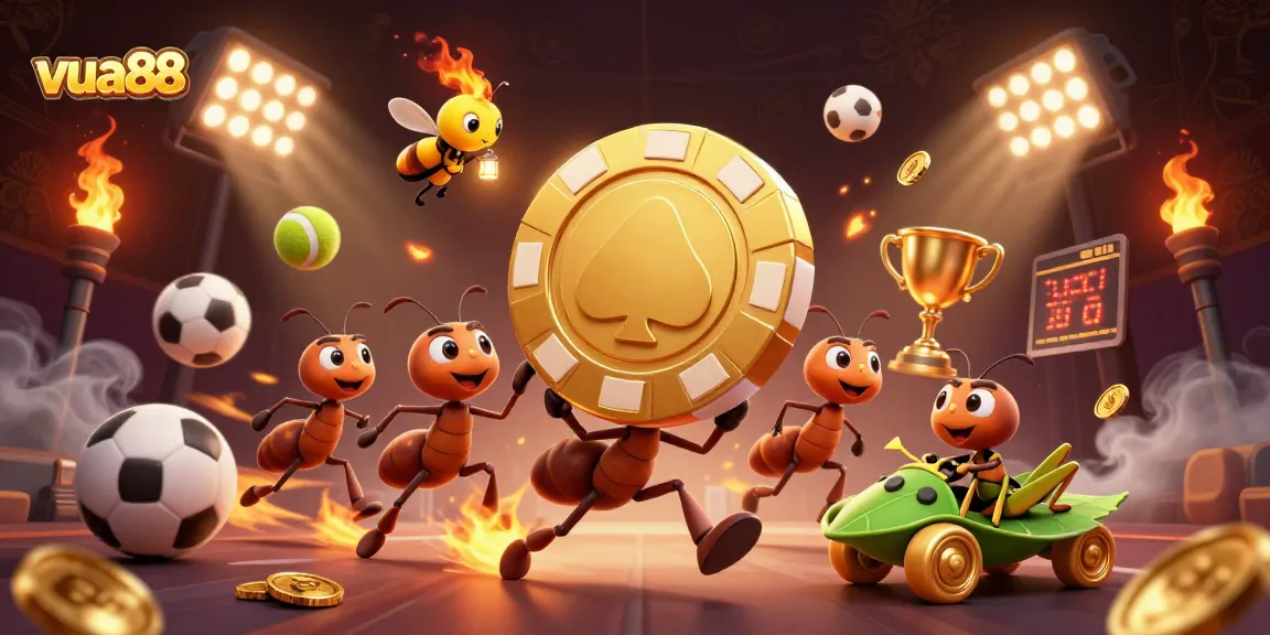 Vua88 casinos see ants carrying a golden poker chip while dynamic sports elements surround them.