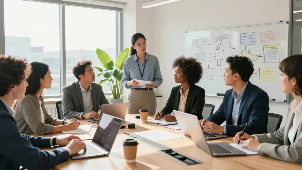 Arbeitskultur bewerten in einem modernen Büro mit dynamischem Team bei einer Besprechung.