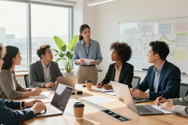 Arbeitskultur bewerten in einem modernen Büro mit dynamischem Team bei einer Besprechung.