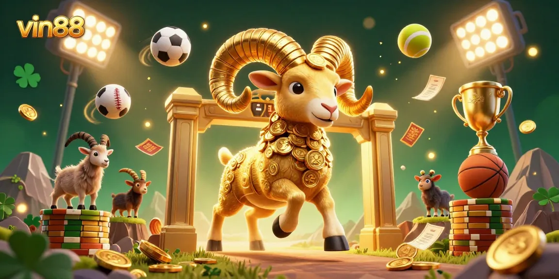 vin88 showcases lively sports betting energy in a dynamic 3D illustration with golden details.