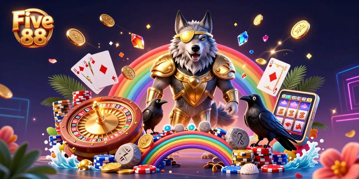 Experience excitement with Five 88's vibrant 3D casino scene featuring Odin and glowing chips.