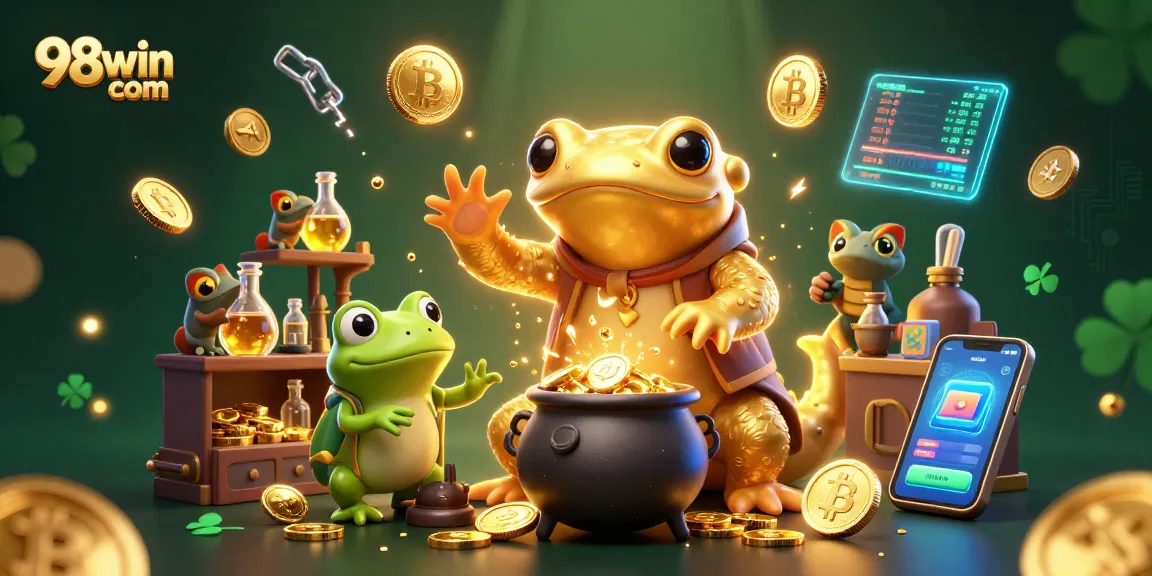 Engage with 98win com in a vibrant 3D casino scene featuring crypto elements and exciting characters.