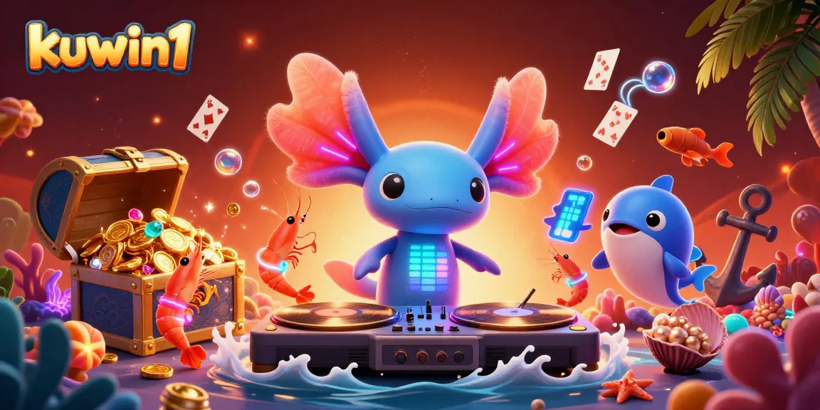 Kuwin1 showcases a vibrant underwater scene with a DJ axolotl spinning records, exciting shrimp dancers, and dazzling gaming treasures.