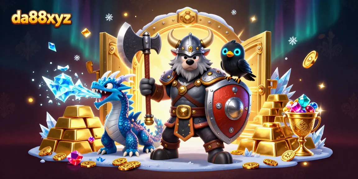 Engage with da88xyz's exciting casino gameplay, showcasing a Viking wolf warrior, dragon, and treasures.
