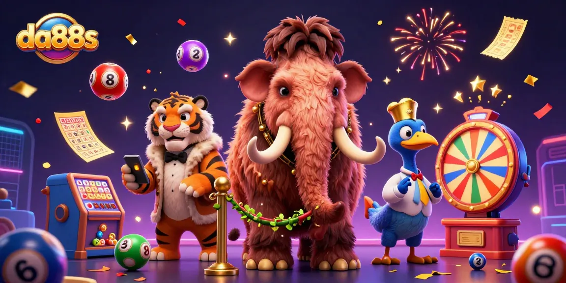 Experience excitement at da88s with a vibrant scene featuring a woolly mammoth bouncer and wildlife VIPs.