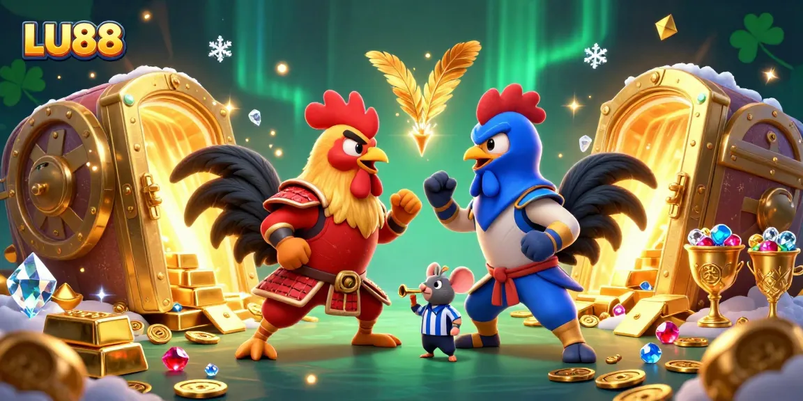 LU88 showcases an intense duel with cartoon roosters amidst shimmering treasure and vibrant casino elements.