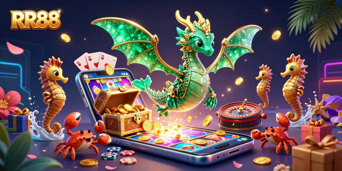 Win with RR88 in vibrant 3D sea-themed casino scene, showcasing exciting slot games and treasure