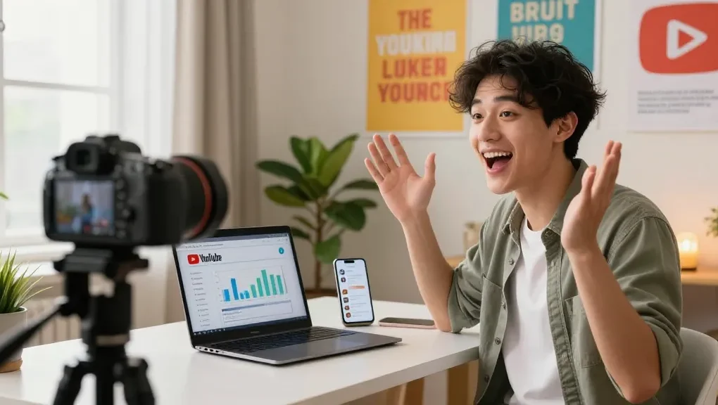 Junge Content Creator, die YouTube Likes kaufen analysiert, in kreativem Home Office.