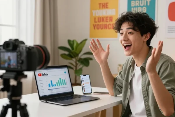 Junge Content Creator, die YouTube Likes kaufen analysiert, in kreativem Home Office.